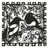 Maggie Kendis black and white lino print of Magpies