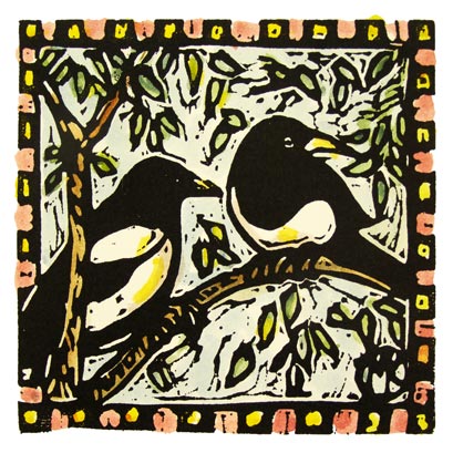 Maggie Kendis hand-painted lino print of Magpies