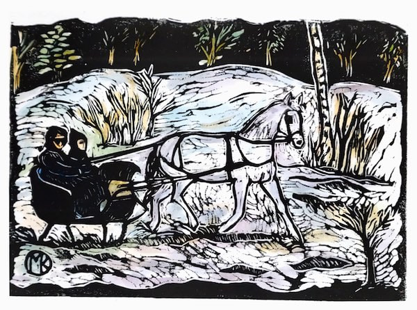 Maggie Kendis hand-painted lino print of Magpies having a tug-o-war with dog toy in the yard